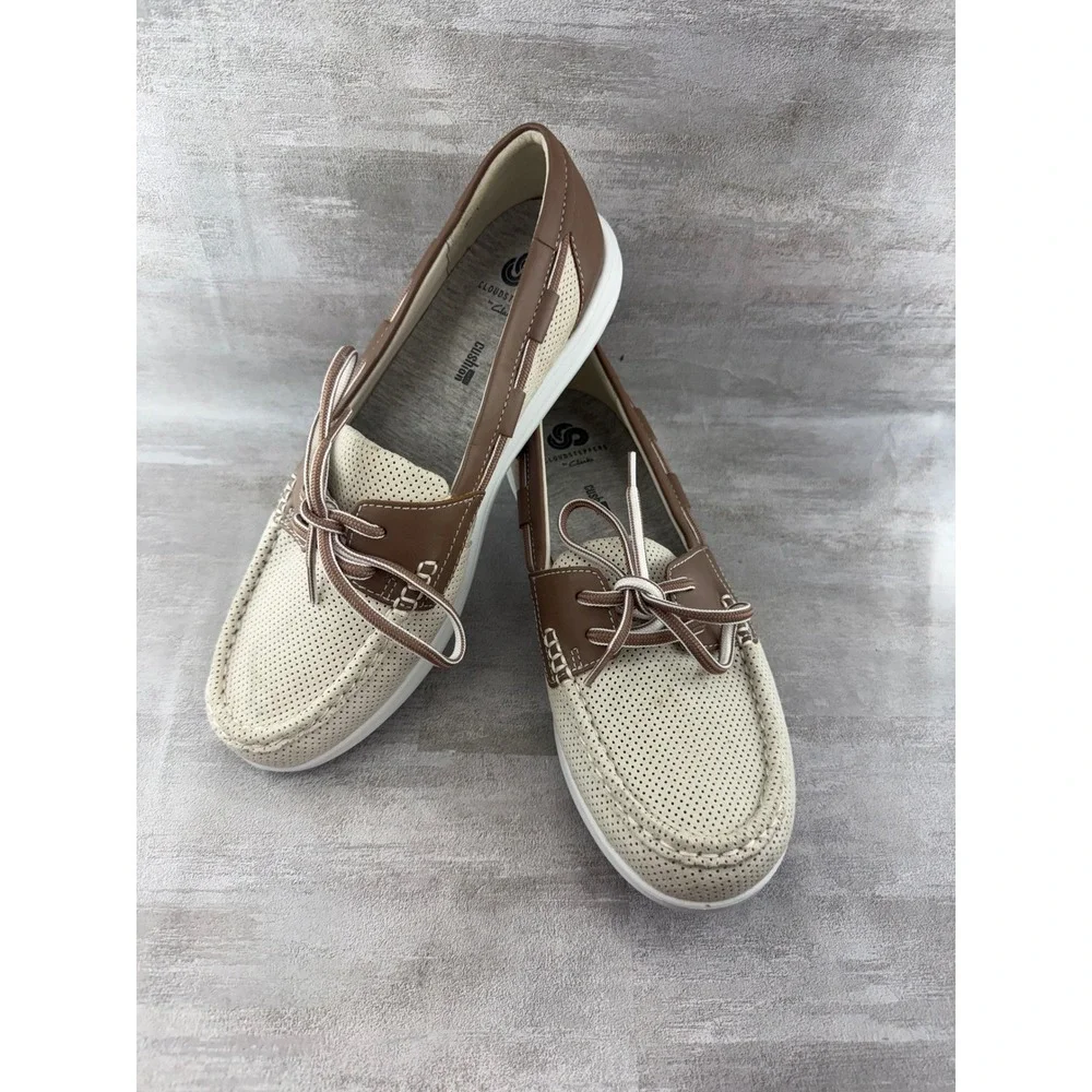 Clarks Cloudsteppers Women Boat Shoes Cream Brown Loafers 261260304060 Size 8.5M